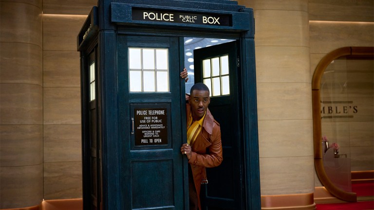 Ncuti Gatwa as the Doctor looking out from the TARDIS in Christmas special "Joy to the World"