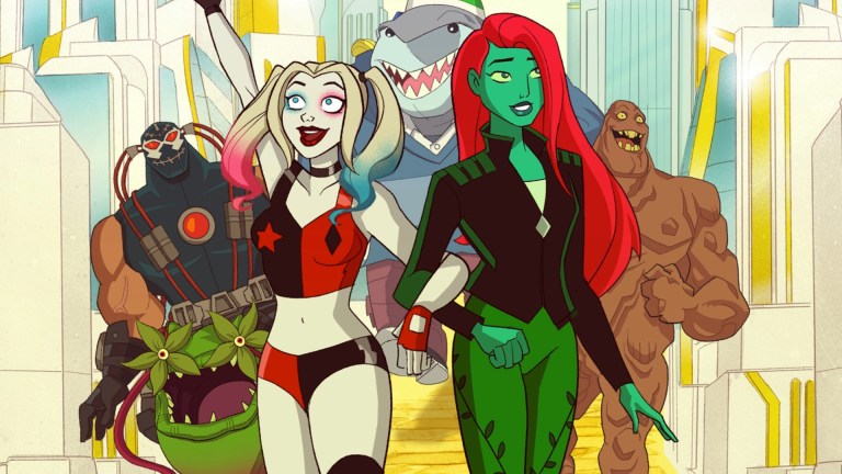 Bane, Harley Quinn, Poison Ivy, King Shark, and Clayface walk down the yellow brick road to Metropolis in the animated series Harley Quinn