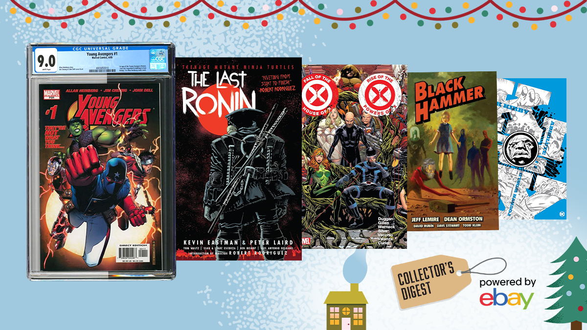 A festive compilation of several comic book covers for a Comic Buying Guide.